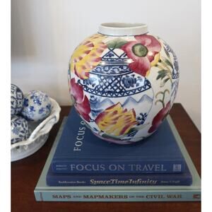 Vintage Chinese Floral Vase with Blue & White Chinoiserie Ginger Jar Painting